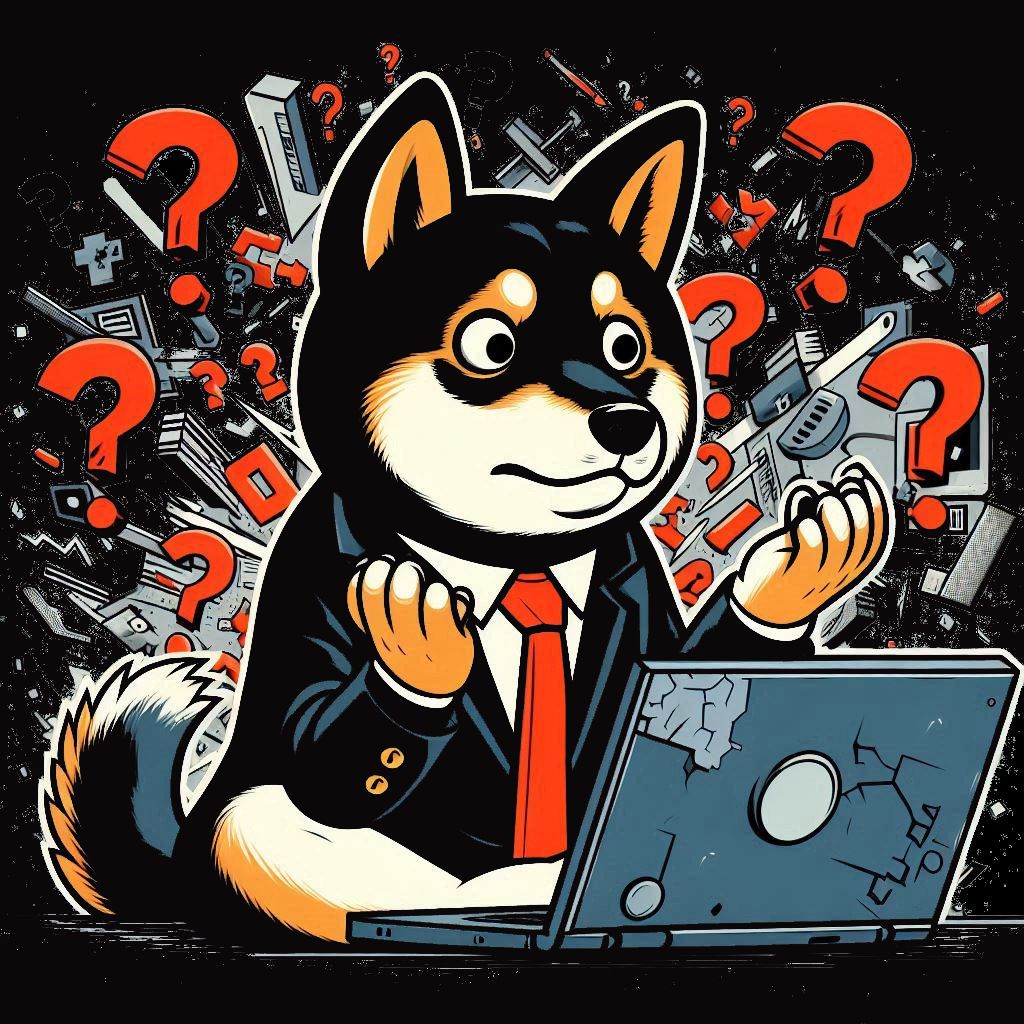 Image of a confused shiba with a broken computer
